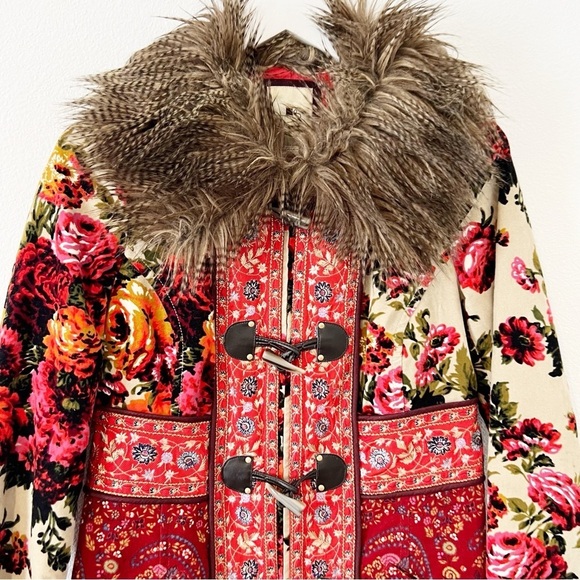 Anthropologie Karelia Coat Elevenses Jacket Red Floral Zip Fur Collar Size 6 - Picture 3 of 15